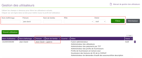 Page Accès et permissions de l’utilisateur