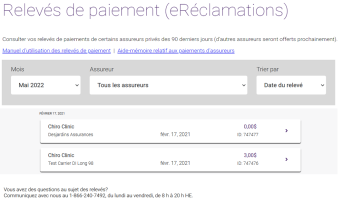 La fenêtre Relevés de paiement (eRéclamations)