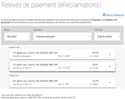 La fenêtre Relevés de paiement (eRéclamations)