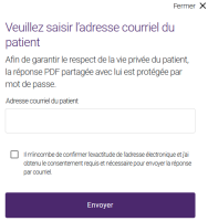 Cette image montre la boîte de dialogue Veuillez saisir l'adresse courriel du patient.